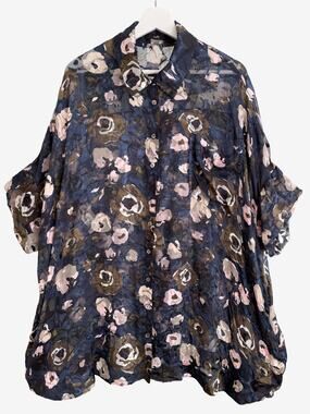 Ruti Floral Silk Burnout Button Up Boxy Dolman Blouse Top One Size